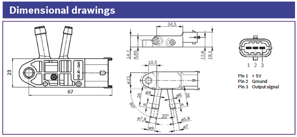 Pinouts for Bosch 0 281 006 278 differential pressure sensor used with DPF.