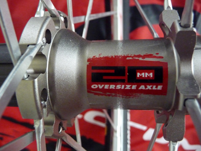 Close up of Fulcrum Red Metal Zero rear hub with 20mm oversize axle