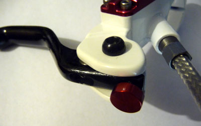 Close-up of Hygia SLP brake lever showing lever reach adjuster