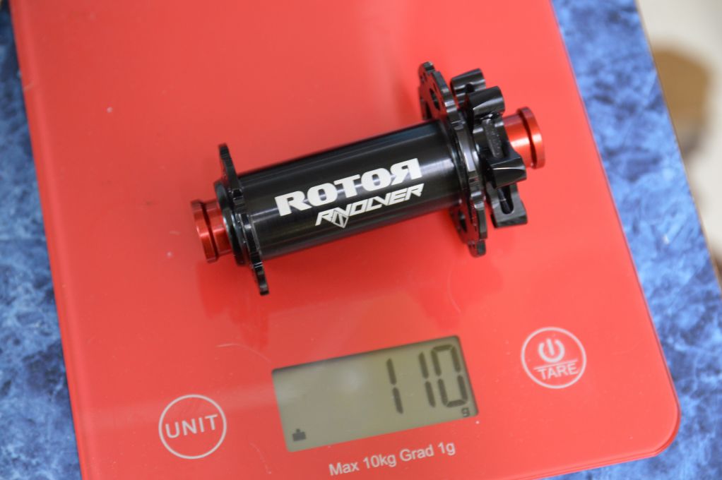 Rotor Rvolver Boost Front Hub on scale weighs 110g