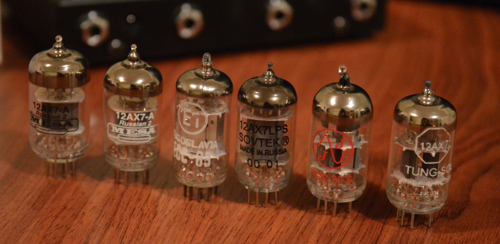 Selection of 12AX7 tubes for tone experimentation, including Mesa, Sovtek, Tung-Sol, JJ and Ei